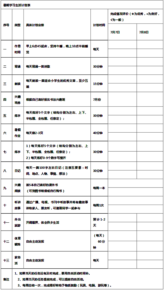 暑假學(xué)習(xí)計劃表