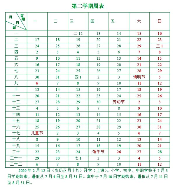 福州市2019~2020學(xué)年全日制普通中小學(xué)第二學(xué)期校歷