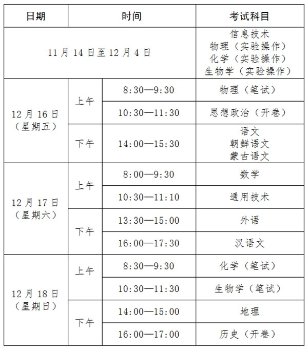 2023年吉林高中各科會考時間安排一覽表