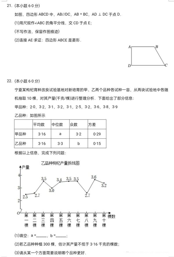 2023年寧夏中考數(shù)學試卷真題及答案
