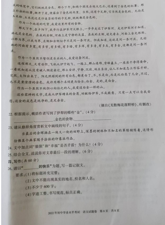 2023年新疆中考語(yǔ)文試卷真題及答案