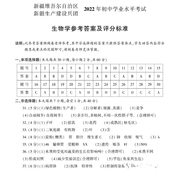 2023年新疆中考生物試卷真題及答案