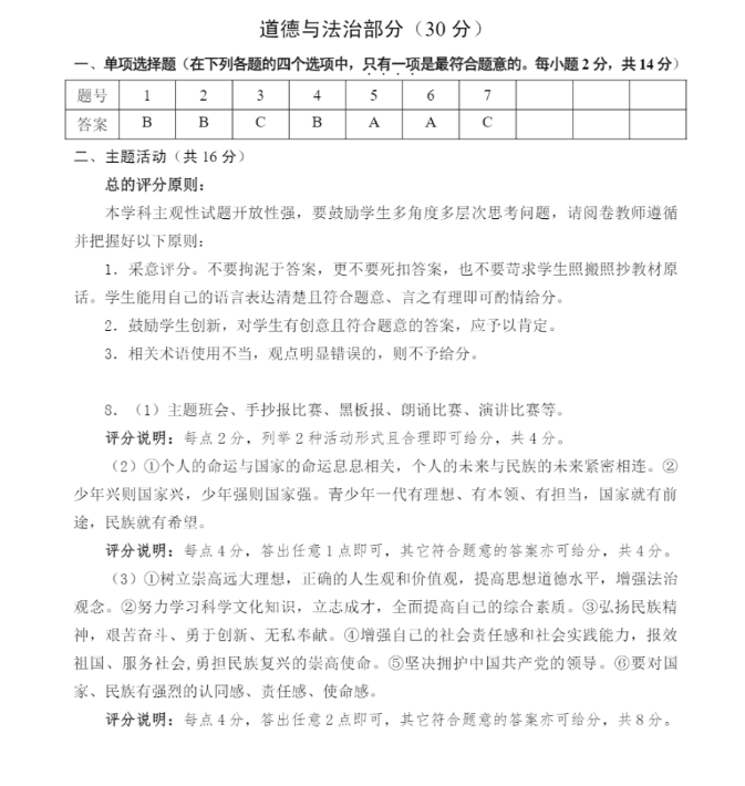 2023年平?jīng)鍪兄锌嫉赖屡c法治試卷真題及答案