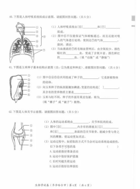 2023年齊齊哈爾市中考生物試卷真題及答案