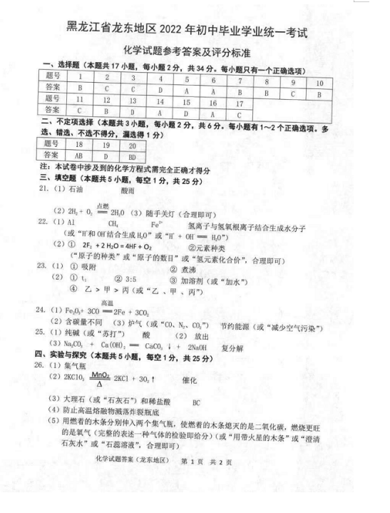 2023年雙鴨山市中考化學(xué)試卷真題及答案