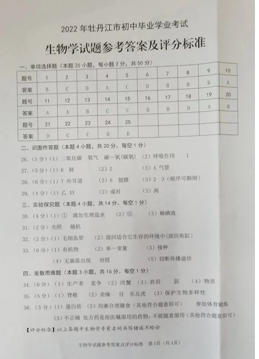 2023年牡丹江市中考生物試卷真題及答案