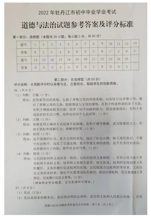 2023年牡丹江市中考道德與法治試卷真題及答案