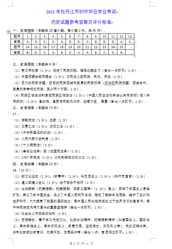 2023年牡丹江市中考?xì)v史試卷真題及答案