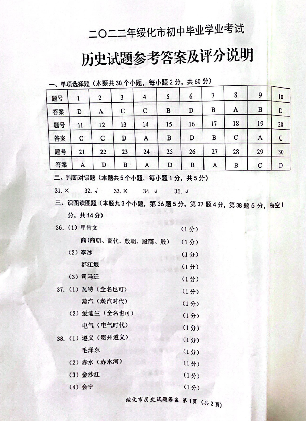 2023年綏化市中考?xì)v史試卷真題及答案