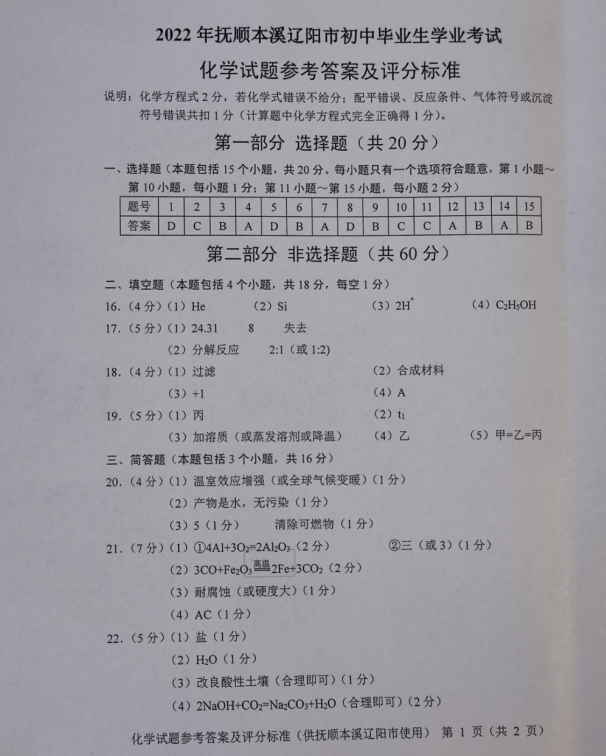 2023年撫順市中考化學(xué)試卷真題及答案