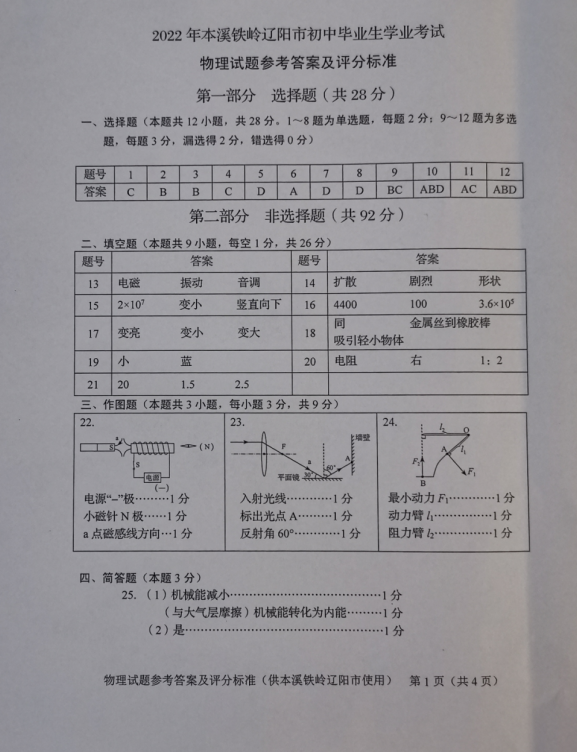 2023年遼陽市中考物理試卷真題及答案