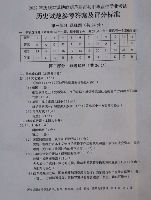 2023年遼陽市中考歷史試卷真題及答案