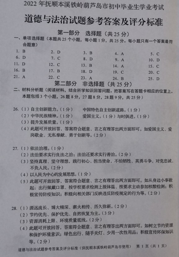 2023年葫蘆島市中考道德與法治試卷真題及答案