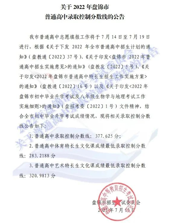 2022年盤錦中考錄取分?jǐn)?shù)線,盤錦市各高中錄取分?jǐn)?shù)線一覽表