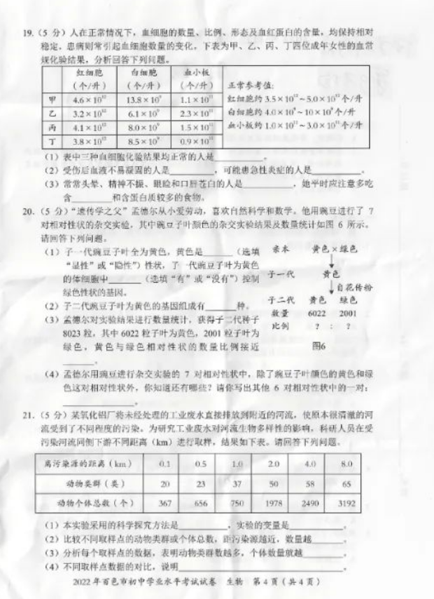 2023年百色市中考生物試卷真題及答案