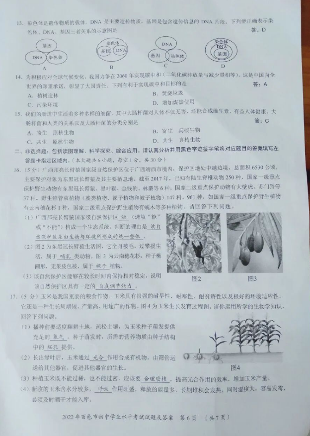 2023年百色市中考生物試卷真題及答案