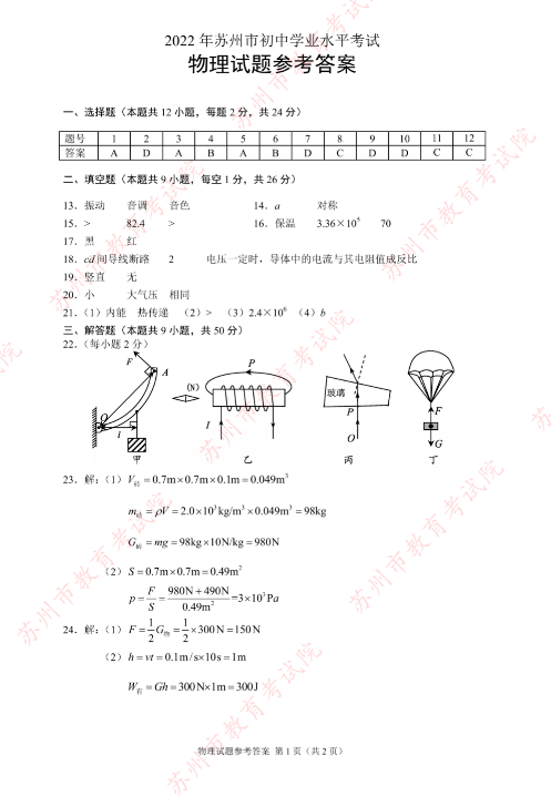2023年蘇州市中考物理試卷真題及答案