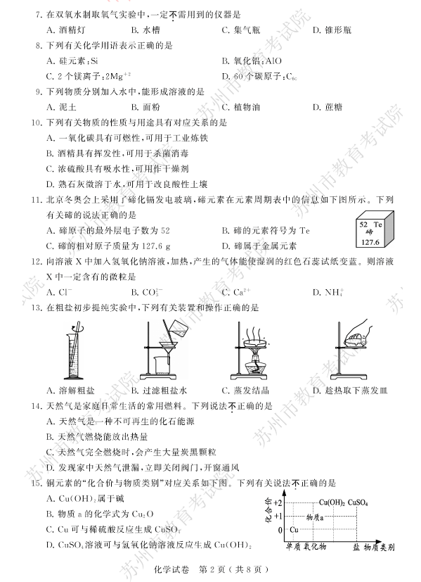2023年蘇州市中考化學(xué)試卷真題及答案