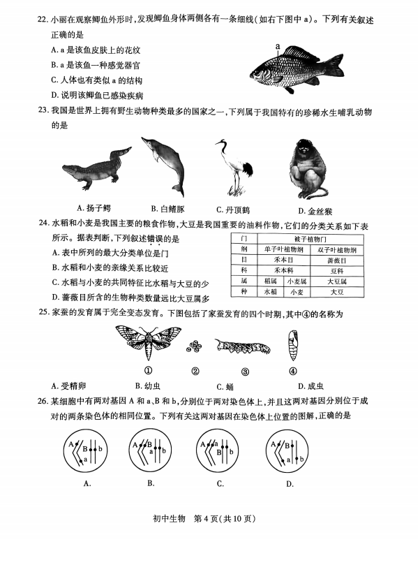 2023年蘇州市中考生物試卷真題及答案