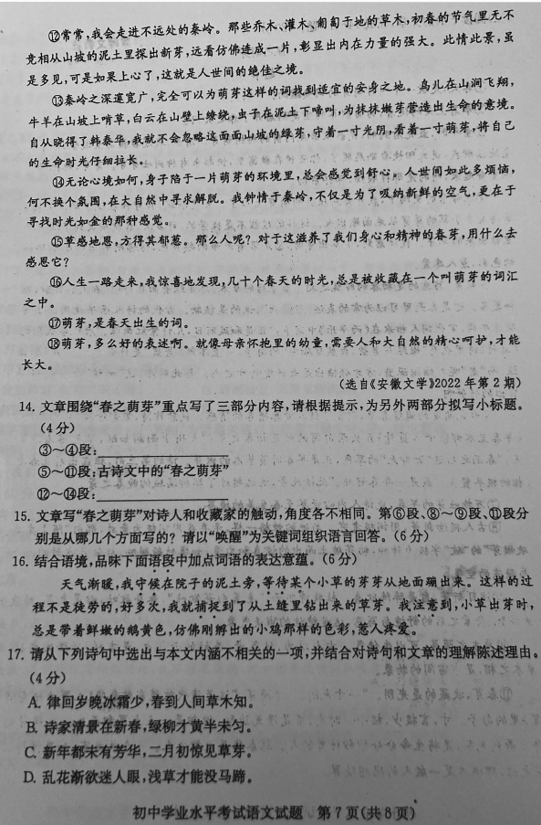 2023年淄博市中考語文試卷真題及答案