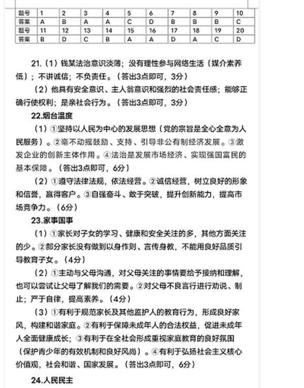 2023年煙臺(tái)市中考道德與法治試卷真題及答案