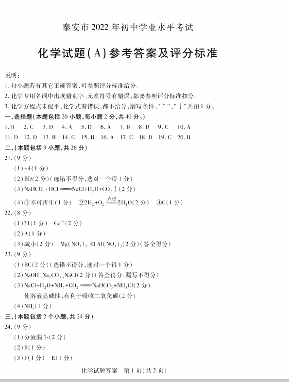 2023年泰安市中考化學(xué)試卷真題及答案