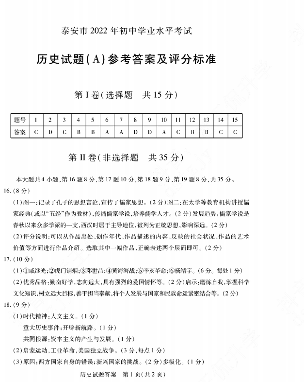 2023年泰安市中考?xì)v史試卷真題及答案