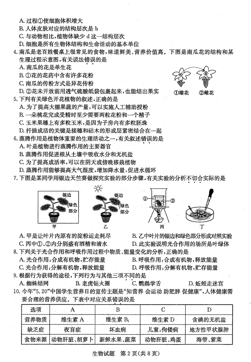 2023年濱州市中考生物試卷真題及答案