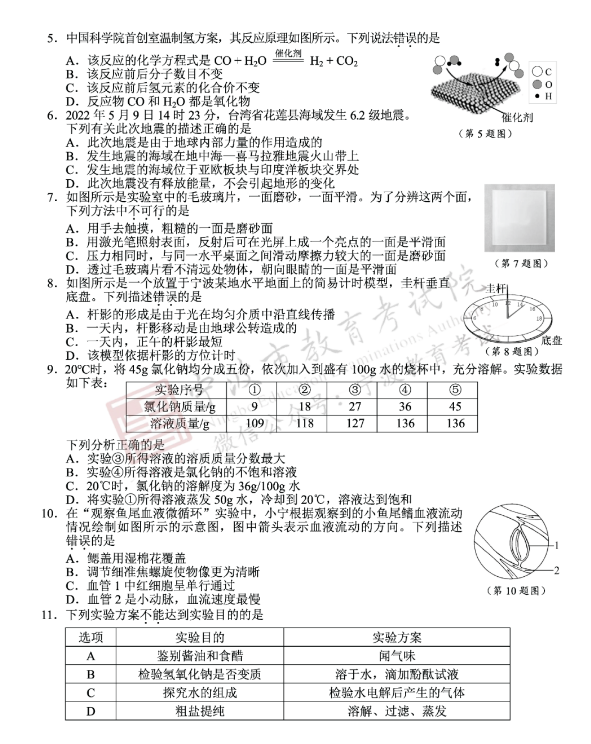 2023年寧波市中考科學(xué)試卷真題及答案