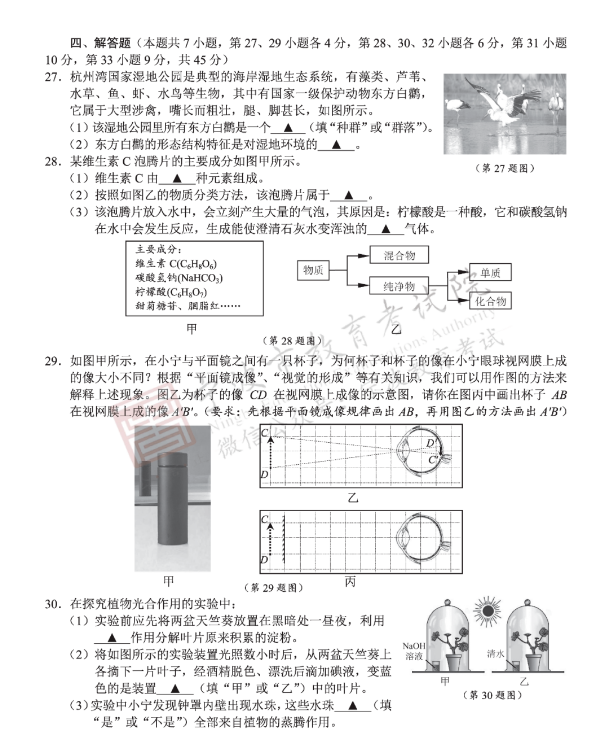 2023年寧波市中考科學(xué)試卷真題及答案