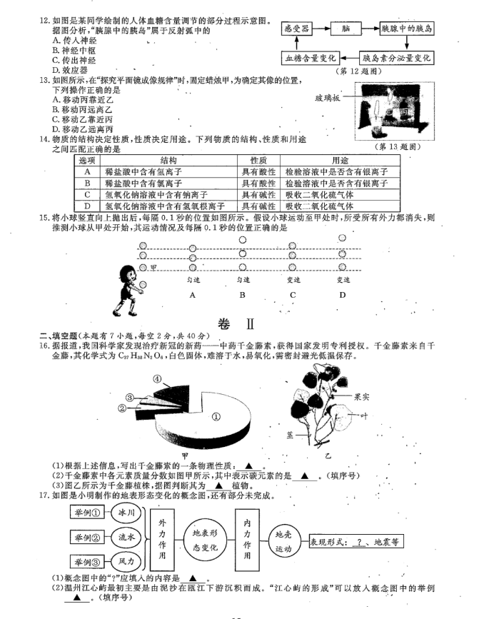 2023年溫州市中考科學(xué)試卷真題及答案