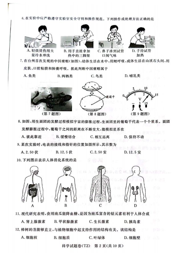 2023年臺州市中考科學(xué)試卷真題及答案
