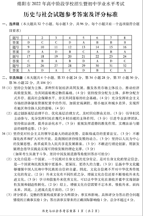 2023年綿陽市中考歷史試卷真題及答案