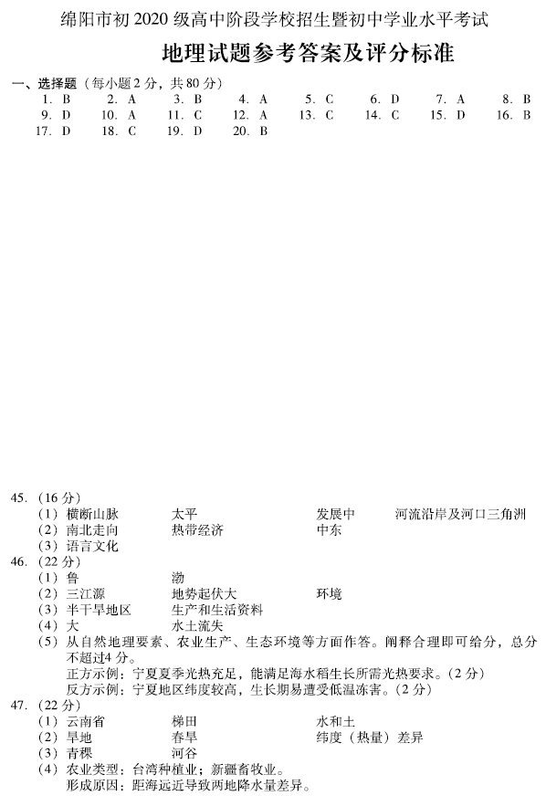 2023年綿陽市中考地理試卷真題及答案
