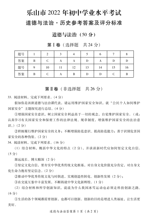 2023年樂山市中考道德與法治試卷真題及答案