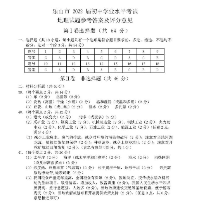 2023年樂山市中考地理試卷真題及答案