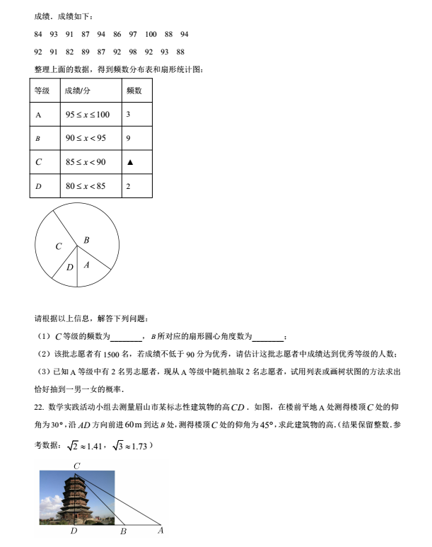 2023年眉山市中考數(shù)學(xué)真題及答案