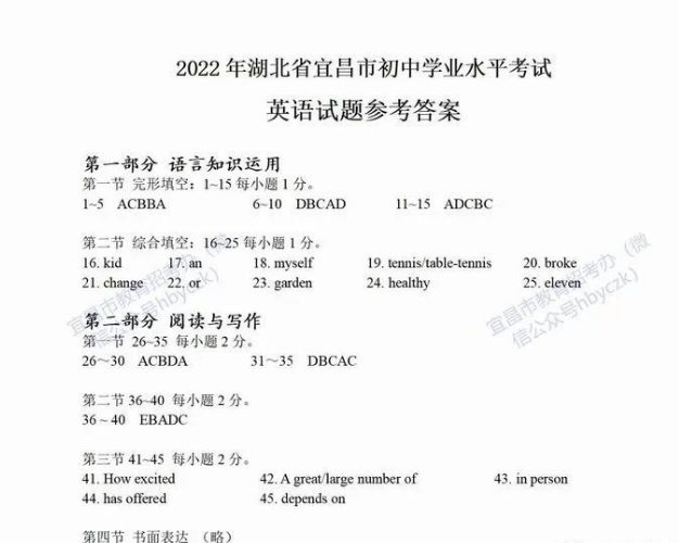2023年宜昌市中考英語(yǔ)真題及答案