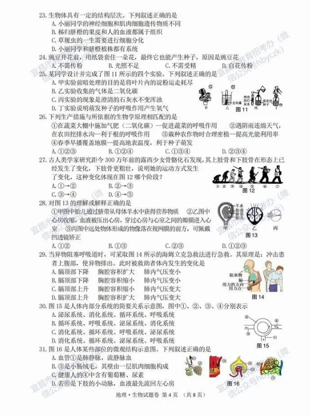 2023年宜昌市中考生物真題及答案