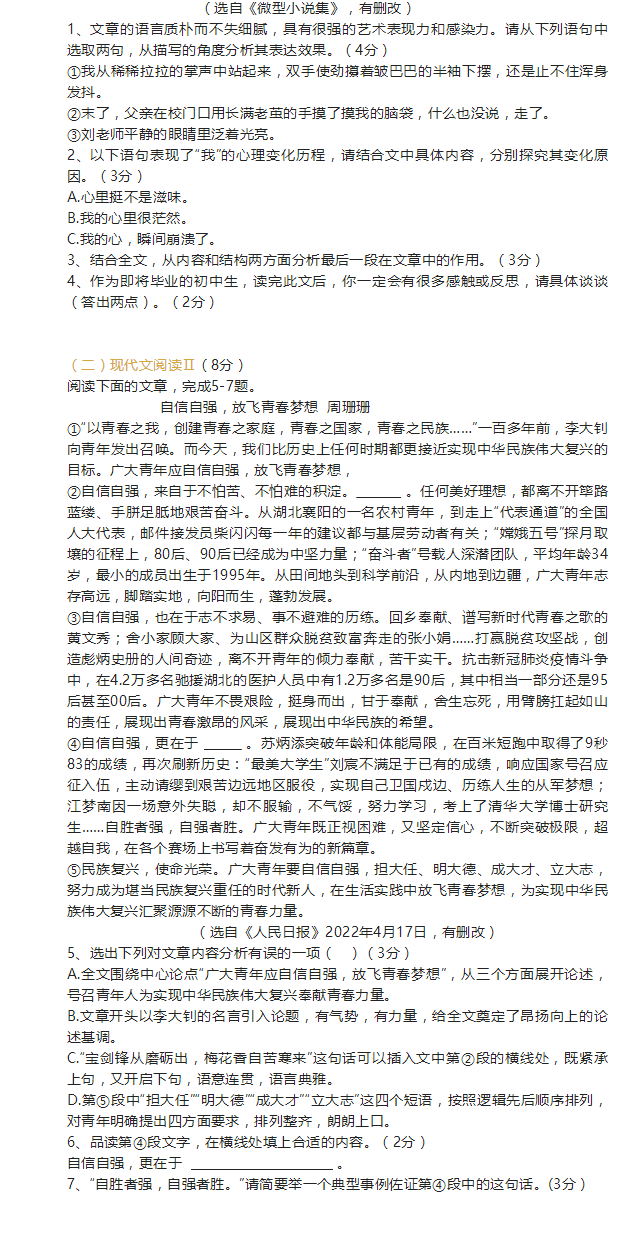2023年咸寧市中考語(yǔ)文試卷真題及答案