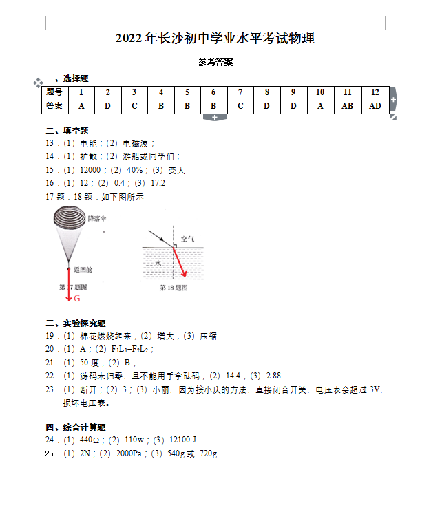 2023年長(zhǎng)沙市中考物理試卷真題及答案