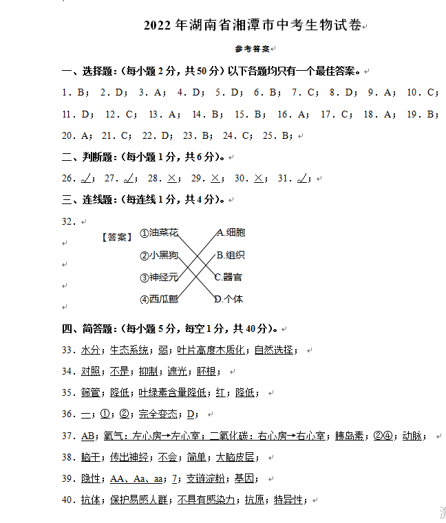 2023年湘潭市中考生物試卷真題及答案