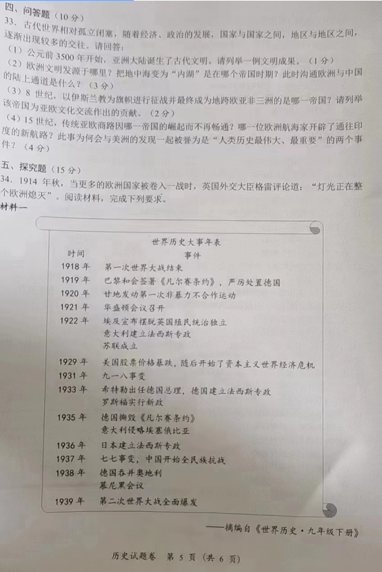 2023年湘潭市中考歷史試卷真題及答案