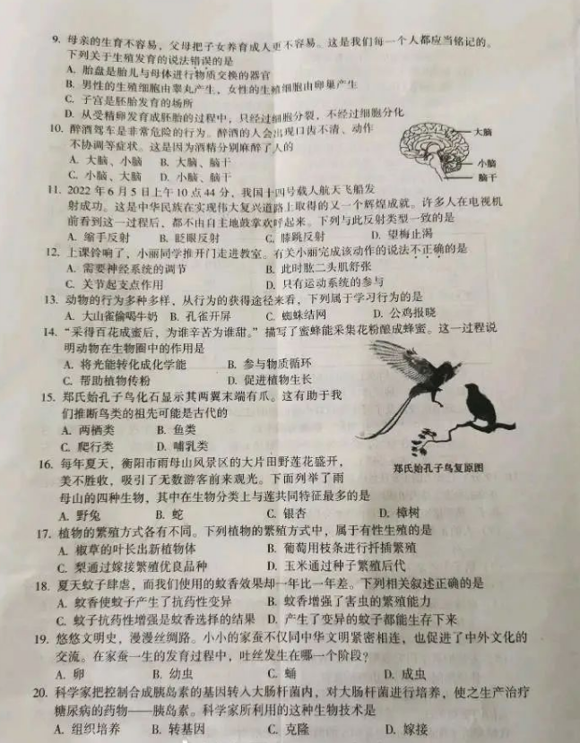 2023年衡陽市中考生物試卷真題及答案