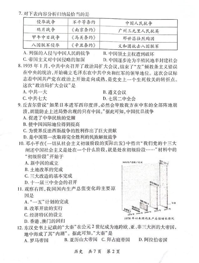 2023年郴州市中考?xì)v史試卷真題及答案