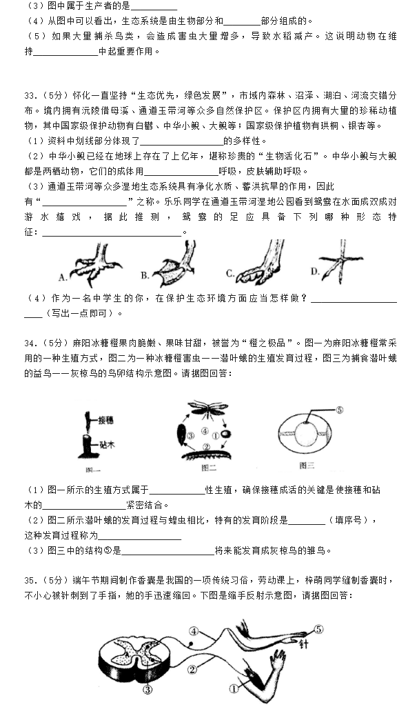 2023年懷化市中考生物試卷真題及答案