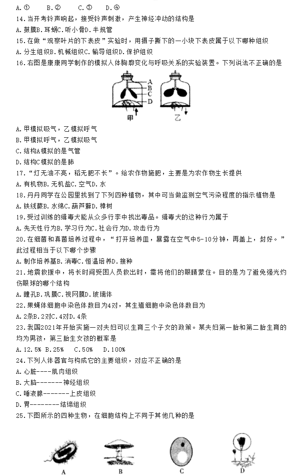2023年懷化市中考生物試卷真題及答案
