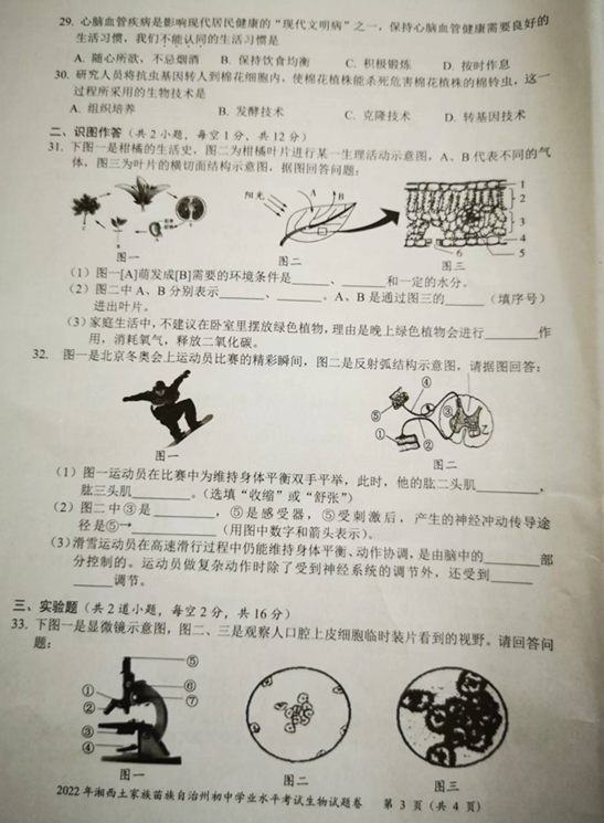 2023年湘西州中考生物試卷真題及答案