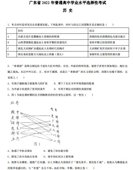 2022年高考?xì)v史試卷真題及答案(新高考一卷)