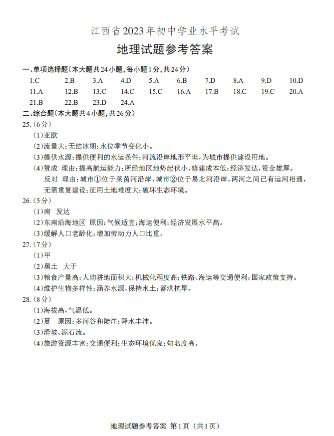 2023年南昌中考地理試卷真題及答案